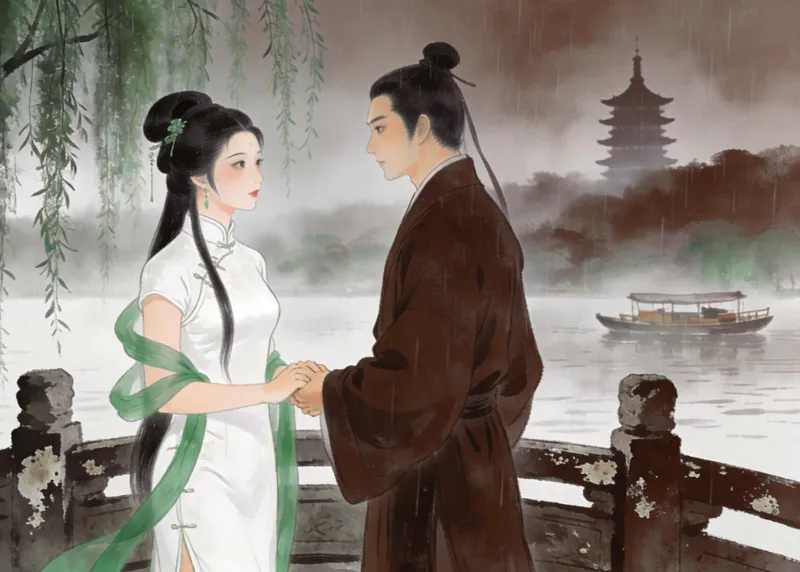 Bai Suzhen, the White Snake spirit, at West Lake's Broken Bridge with misty mountains