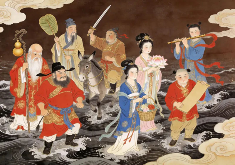 The Eight Immortals crossing the Eastern Sea, each on their magical artifact