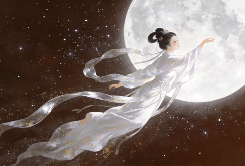 Chang'e, the Moon goddess, floating upward toward a luminous full moon