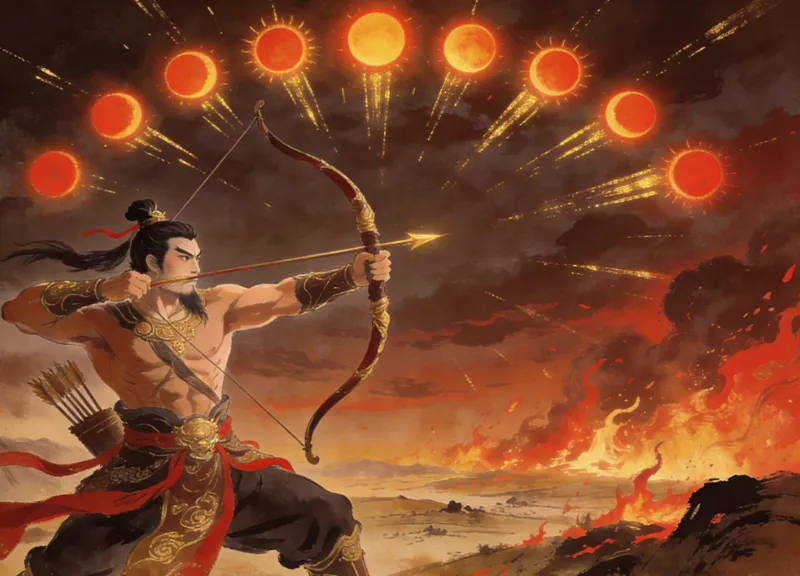 The divine archer Houyi drawing his celestial bow, aiming at blazing suns in the sky