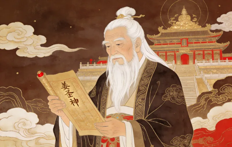 Jiang Ziya fishing by a river with a straight hook, awaiting destiny