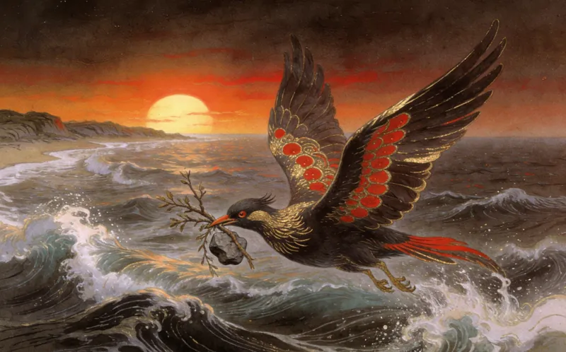 Jingwei, a mythical bird carrying pebbles and twigs over a vast ocean