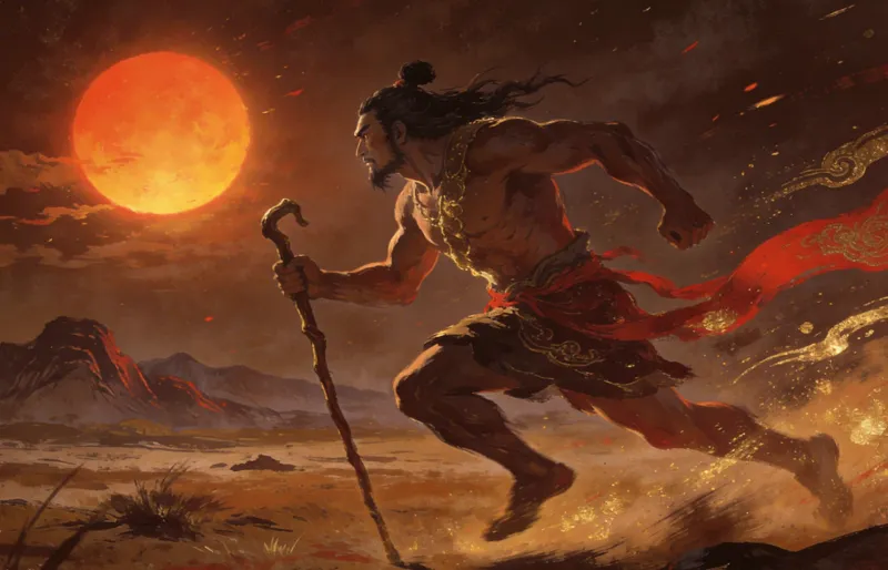 The giant Kuafu running across the earth, reaching toward the blazing sun on the horizon
