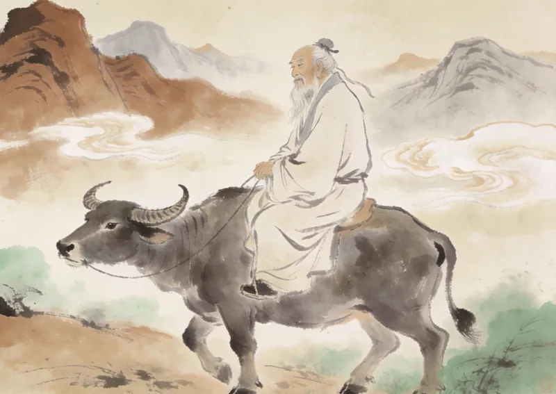 Laozi, the ancient sage with a long white beard, riding an ox through a misty mountain pass