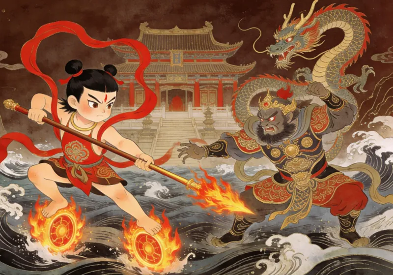 Nezha riding Wind-Fire Wheels, wielding his Universe Ring in battle against dragon warriors