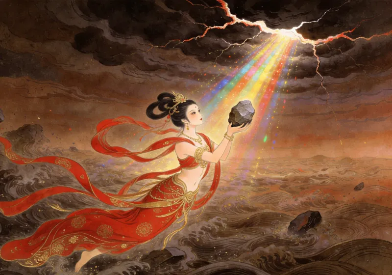 Nüwa, the goddess with a serpent tail, mending the broken sky with glowing five-colored stones