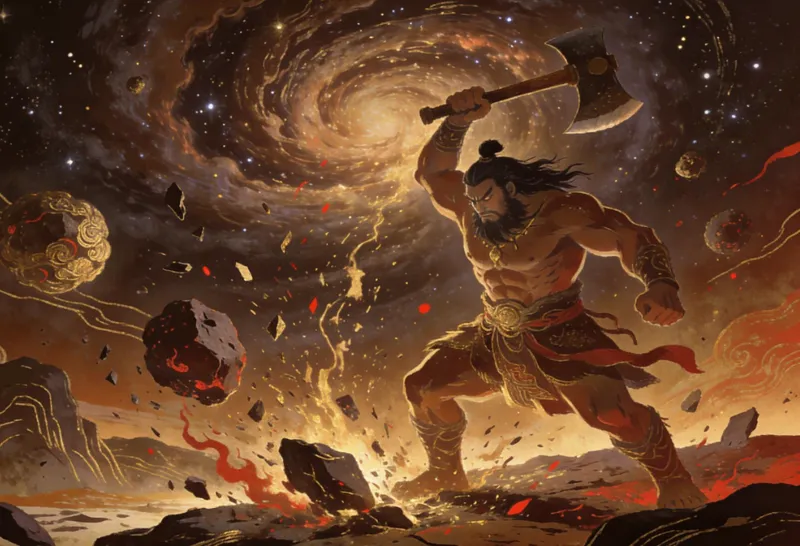 Pangu, the cosmic giant, separating heaven and earth with a great axe in primordial chaos