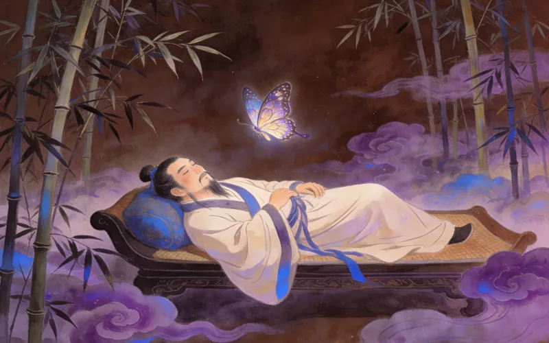Zhuangzi in contemplation, a butterfly alighting on his hand