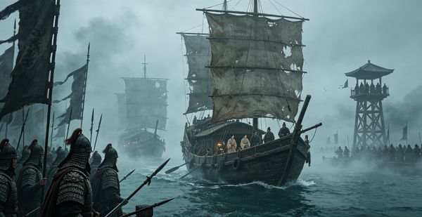 Crossing the Sea Under Camouflage — General Xue Renguo conceals the sea crossing from Emperor Taizong with a magnificent shipboard hall