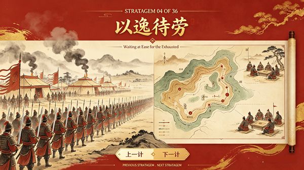 Waiting at Ease for the Exhausted — Cao Cao rests his troops while waiting for Yuan Shao's fatigued army to arrive